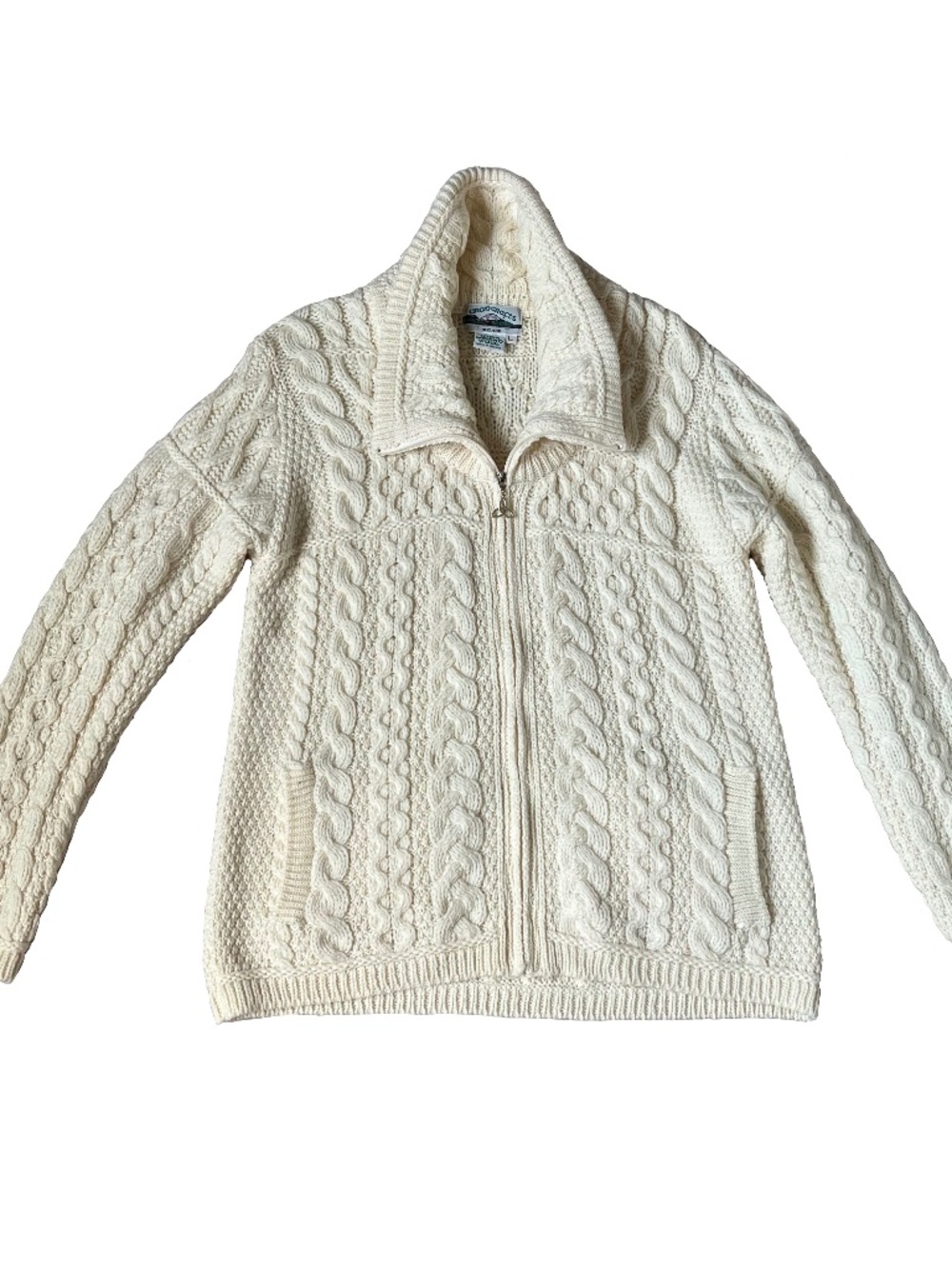 Vintage Aran Crafts Ireland 100% Merino Wool Full Zip Up Sweater